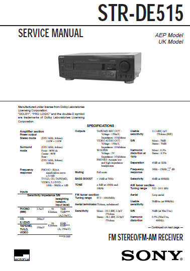 SONY STR-DE515 FM STEREO FM AM RECEIVER SERVICE MANUAL INC PCBS SCHEM DIAGS AND PARTS LIST 16 PAGES ENG