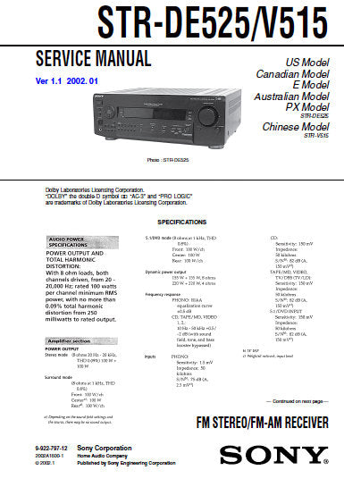 SONY STR-DE525 STR-V515 FM STEREO FM AM RECEIVER SERVICE MANUAL INC BLK DIAGS PCBS SCHEM DIAGS AND PARTS LIST 40 PAGES ENG