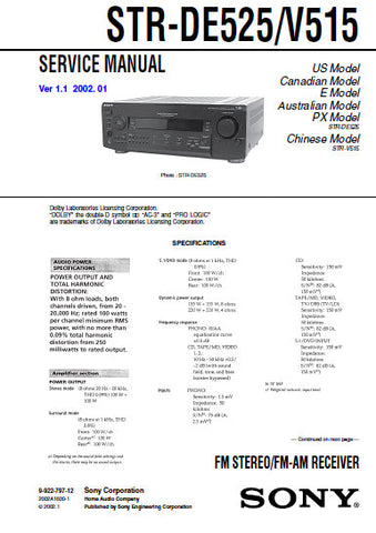 SONY STR-DE525 STR-V515 FM STEREO FM AM RECEIVER SERVICE MANUAL INC BLK DIAGS PCBS SCHEM DIAGS AND PARTS LIST 40 PAGES ENG