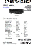 SONY STR-DE575 STR-K502 STR-K502P FM STEREO FM AM RECEIVER SERVICE MANUAL INC BLK DIAGS PCBS SCHEM DIAGS AND PARTS LIST 44 PAGES ENG