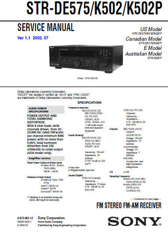 SONY STR-DE575 STR-K502 STR-K502P FM STEREO FM AM RECEIVER SERVICE MANUAL INC BLK DIAGS PCBS SCHEM DIAGS AND PARTS LIST 44 PAGES ENG