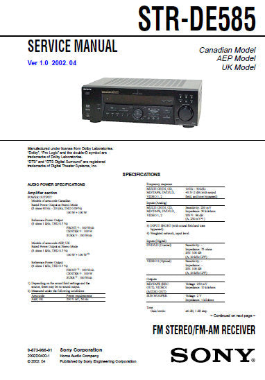SONY STR-DE585 FM STEREO FM AM RECEIVER SERVICE MANUAL INC BLK DIAGS PCBS SCHEM DIAGS AND PARTS LIST 52 PAGES ENG