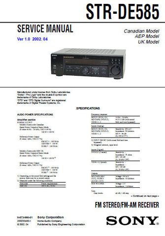 SONY STR-DE585 FM STEREO FM AM RECEIVER SERVICE MANUAL INC BLK DIAGS PCBS SCHEM DIAGS AND PARTS LIST 52 PAGES ENG