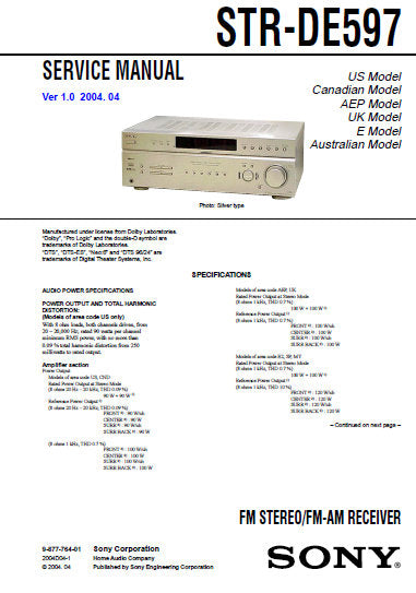 SONY STR-DE597 FM STEREO FM AM RECEIVER SERVICE MANUAL INC BLK DIAGS PCBS SCHEM DIAGS AND PARTS LIST 60 PAGES ENG
