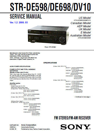 SONY STR-DE598 STR-DE698 STR-DV10 FM STEREO FM AM RECEIVER SERVICE MANUAL INC BLK DIAGS PCBS SCHEM DIAGS AND PARTS LIST 88 PAGES ENG