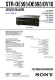 SONY STR-DE598 STR-DE698 STR-DV10 FM STEREO FM AM RECEIVER SERVICE MANUAL INC BLK DIAGS PCBS SCHEM DIAGS AND PARTS LIST 88 PAGES ENG