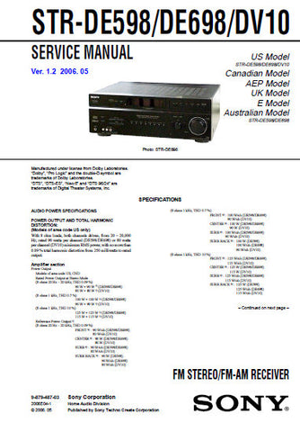 SONY STR-DE598 STR-DE698 STR-DV10 FM STEREO FM AM RECEIVER SERVICE MANUAL INC BLK DIAGS PCBS SCHEM DIAGS AND PARTS LIST 88 PAGES ENG