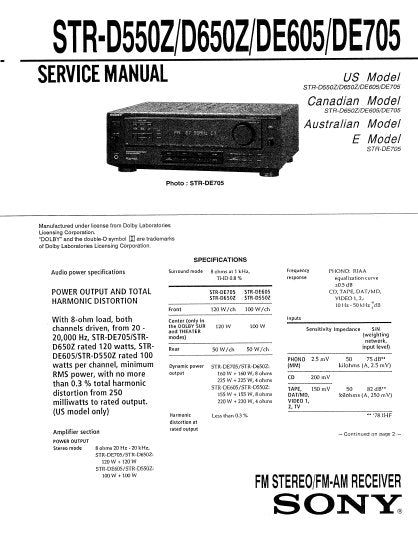 SONY STR-DE605 STR-D650Z STR-D550Z STR-DE705 FM STEREO FM AM RECEIVER SERVICE MANUAL INC PCBS SCHEM DIAGS AND PARTS LIST 33 PAGES ENG