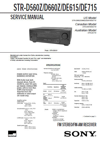 SONY STR-DE615 STR-DE715 STR-D560Z STR-D660Z FM STEREO FM AM RECEIVER SERVICE MANUAL INC PCBS SCHEM DIAGS AND PARTS LIST 40 PAGES ENG