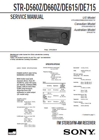 SONY STR-DE615 STR-DE715 STR-D560Z STR-D660Z FM STEREO FM AM RECEIVER SERVICE MANUAL INC PCBS SCHEM DIAGS AND PARTS LIST 40 PAGES ENG