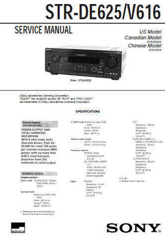 SONY STR-DE625 STR-V616 FM STEREO FM AM RECEIVER SERVICE MANUAL INC BLK DIAGS PCBS SCHEM DIAGS AND PARTS LIST 42 PAGES ENG