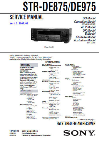 SONY STR-DE885 STR-DE985 FM STEREO FM AM RECEIVER SERVICE MANUAL INC BLK DIAGS PCBS SCHEM DIAGS AND PARTS LIST 84 PAGES ENG