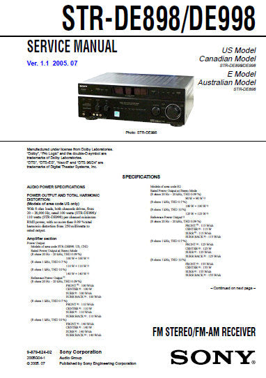 SONY STR-DE898 FM STEREO FM AM RECEIVER SERVICE MANUAL INC BLK DIAGS PCBS SCHEM DIAGS AND PARTS LIST 86 PAGES ENG