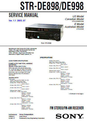 SONY STR-DE898 FM STEREO FM AM RECEIVER SERVICE MANUAL INC BLK DIAGS PCBS SCHEM DIAGS AND PARTS LIST 86 PAGES ENG