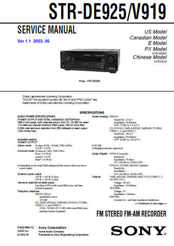 SONY STR-DE925 STR-V919 FM STEREO FM AM RECEIVER SERVICE MANUAL INC BLK DIAGS PCBS SCHEM DIAGS AND PARTS LIST 62 PAGES ENG