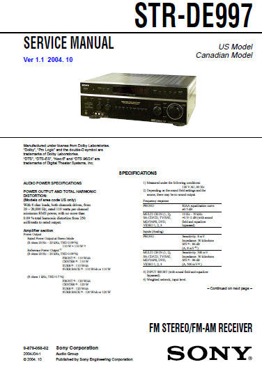 SONY STR-DE997 FM STEREO FM AM RECEIVER SERVICE MANUAL INC BLK DIAGS PCBS SCHEM DIAGS AND PARTS LIST 78 PAGES ENG