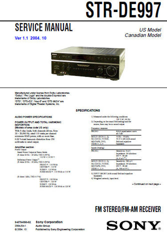 SONY STR-DE997 FM STEREO FM AM RECEIVER SERVICE MANUAL INC BLK DIAGS PCBS SCHEM DIAGS AND PARTS LIST 78 PAGES ENG