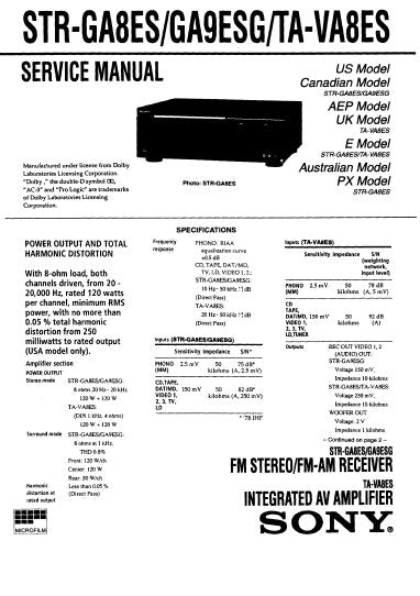 SONY STR-GA8ES STR-GA9ESG FM STEREO FM AM RECEIVER TA-VA8ES INTEGRATED AMPLIFIER SERVICE MANUAL INC BLK DIAG PCBS SCHEM DIAGS AND PARTS LIST 31 PAGES ENG