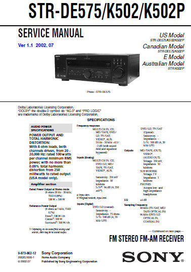 SONY STR-K502 STR-K502P STR-DE575 FM STEREO FM AM RECEIVER SERVICE MANUAL INC BLK DIAGS PCBS SCHEM DIAGS AND PARTS LIST 44 PAGES ENG
