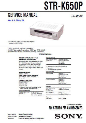 SONY STR-K650P FM STEREO FM AM RECEIVER SERVICE MANUAL INC BLK DIAGS PCBS SCHEM DIAGS AND PARTS LIST 40 PAGES ENG