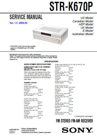 SONY STR-K670P FM STEREO FM AM RECEIVER SERVICE MANUAL INC BLK DIAGS PCBS SCHEM DIAGS AND PARTS LIST 64 PAGES ENG