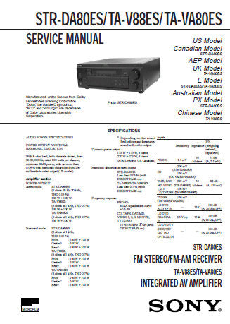 SONY TA-V88ES TA-VA80ES INTEGRATED AV AMPLIFIERS STR-DA80ES FM STEREO FM AM RECEIVER SERVICE MANUAL INC PCBS SCHEM DIAGS AND PARTS LIST 66 PAGES ENG