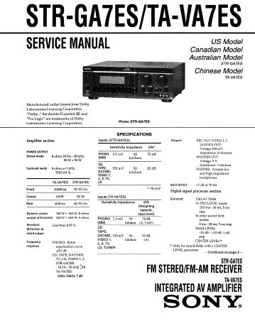 SONY TA-VA7ES STR-GA7ES INTEGRATED AV AMPLIFIER FM STEREO FM AM RECEIVER SERVICE MANUAL INC PCBS SCHEM DIAGS AND PARTS LIST 40 PAGES ENG