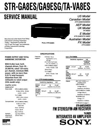 SONY TA-VA8ES STR-GA8ES STR-GA9ES INTEGRATED AV AMPLIFIER FM STEREO FM AM RECEIVER SERVICE MANUAL INC PCBS SCHEM DIAGS AND PARTS LIST 31 PAGES ENG