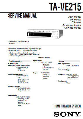 SONY TA-VE215 HOME THEATER SYSTEM SERVICE MANUAL INC BLK DIAGS PCBS SC –  THE MANUALS SERVICE