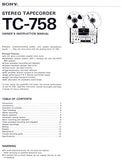 SONY TC-758 STEREO TAPECORDER OWNER'S INSTRUCTION MANUAL 13 PAGES ENG