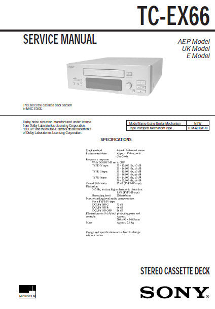 SONY TC-EX66 STEREO CASSETTE TAPE DECK SERVICE MANUAL INC PCBS SCHEM DIAG AND PARTS LIST 29 PAGES ENG