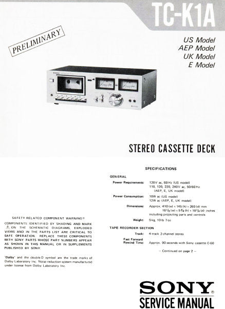 SONY TC-K1A STEREO CASSETTE TAPE DECK SERVICE MANUAL INC PCBS SCHEM DIAGS AND PARTS LIST 16 PAGES ENG