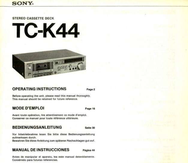 SONY TC-K44 STEREO CASSETTE DECK OPERATING INSTRUCTIONS 56 PAGES ENG FRANC DEUT ESP