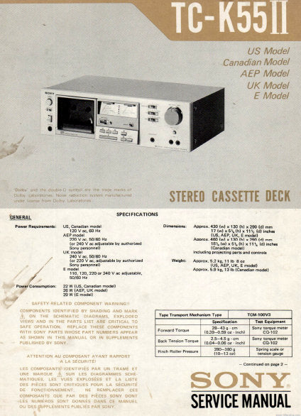SONY TC-K55II STEREO CASSETTE TAPE DECK SERVICE MANUAL INC BLK DIAGS PCBS SCHEM DIAG AND PARTS LIST 28 PAGES ENG