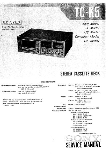 SONY TC-K5 STEREO CASSETTE TAPE DECK SERVICE MANUAL INC BLK DIAG PCBS SCHEM DIAG AND PARTS LIST 32 PAGES ENG