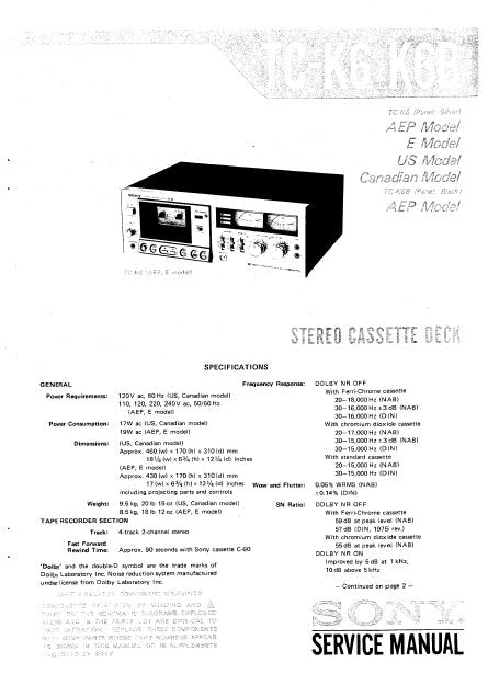 SONY TC-K6 TC-K6B STEREO CASSETTE TAPE DECK SERVICE MANUAL INC BLK DIAGS PCBS SCHEM DIAGS AND PARTS LIST 38 PAGES ENG