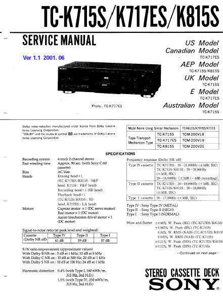 SONY TC-K715S TC-K717ES TC-K815S STEREO CASSETTE TAPE DECK SERVICE MANUAL INC BLK DIAG PCBS SCHEM DIAGS AND PARTS LIST 38 PAGES ENG