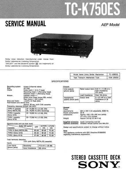 SONY TC-K750ES STEREO CASSETTE TAPE DECK SERVICE MANUAL INC BLK DIAG PCBS SCHEM DIAG AND PARTS LIST 33 PAGES ENG