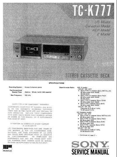 SONY TC-K777 STEREO CASSETTE TAPE DECK SERVICE MANUAL INC BLK DIAGS PCBS SCHEM DIAGS AND PARTS LIST 65 PAGES ENG
