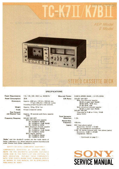SONY TC-K7II TC-K7BII STEREO CASSETTE TAPE DECK SERVICE MANUAL INC BLK DIAGS PCBS SCHEM DIAGS AND PARTS LIST 29 PAGES ENG