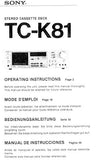 SONY TC-K81 STEREO CASSETTE DECK OPERATING INSTRUCTIONS 57 PAGES ENG FRANC DEUT ESP