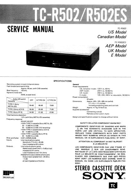 SONY TC-R502 TC-R502ES STEREO CASSETTE TAPE DECK SERVICE MANUAL INC BLK DIAG PCBS SCHEM DIAGS AND PARTS LIST 28 PAGES ENG