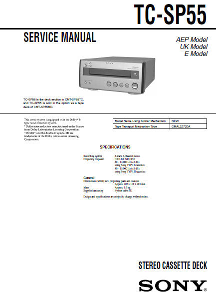 SONY TC-SP55 STEREO CASSETTE TAPE DECK SERVICE MANUAL VER 1.1 INC BLK DIAG PCBS SCHEM DIAG AND PARTS LIST 26 PAGES ENG