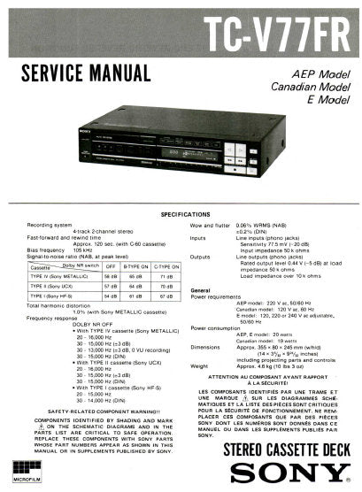 SONY TC-V77FR STEREO CASSETTE TAPE DECK SERVICE MANUAL INC BLK DIAG PCBS SCHEM DIAGS AND PARTS LIST 39 PAGES ENG