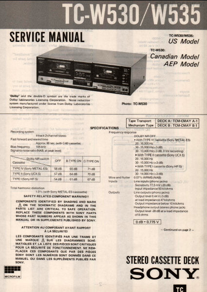 SONY TC-W530 TC-W535 DOUBLE STEREO CASSETTE TAPE DECK SERVICE MANUAL INC BLK DIAG PCBS SCHEM DIAG AND PARTS LIST 18 PAGES ENG