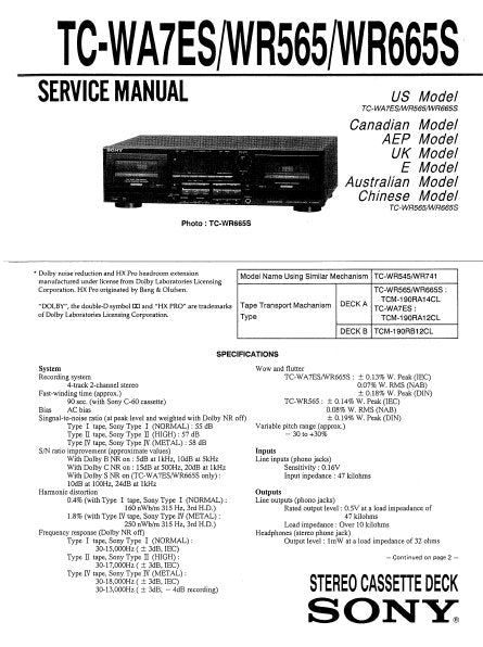 SONY TC-WA7ES TC-WR565 TC-WR665S STEREO CASSETTE TAPE DECK SERVICE MANUAL INC BLK DIAG PCBS SCHEM DIAGS AND PARTS LIST 35 PAGES ENG