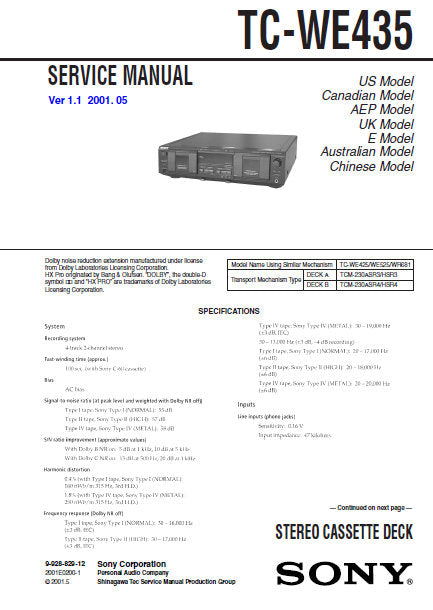 SONY TC-WE435 STEREO CASSETTE TAPE DECK SERVICE MANUAL VER 1.1 INC PCBS SCHEM DIAGS AND PARTS LIST 42 PAGES ENG