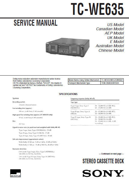 SONY TC-WE635 STEREO CASSETTE TAPE DECK SERVICE MANUAL INC PCBS SCHEM DIAGS AND PARTS LIST 41 PAGES ENG