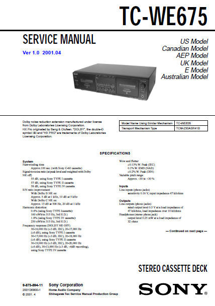 SONY TC-WE675 STEREO CASSETTE TAPE DECK SERVICE MANUAL INC PCBS SCHEM DIAGS AND PARTS LIST 40 PAGES ENG