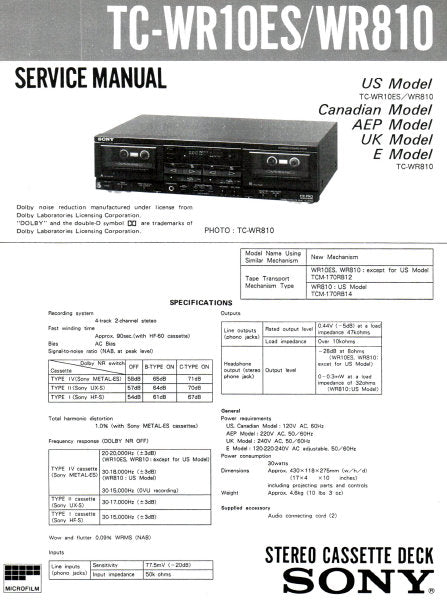 SONY TC-WR10ES TC-WR810 STEREO CASSETTE TAPE DECK SERVICE MANUAL INC PCBS SCHEM DIAG AND PARTS LIST 24 PAGES ENG